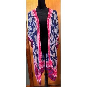 Modena Paisley Tapestry  Duster Kimono Cardigan Cover Up One Size Blue Red White